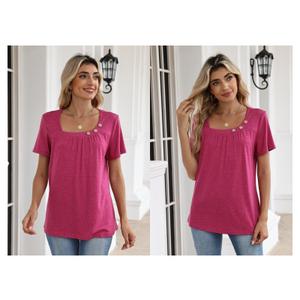 Womens Summer Tops Short Sleeve Asymmetrical Neck T Shirts with Buttons, Size Small
