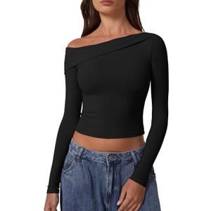 QINSEN Women Long Sleeve Off Shoulder Tops Trendy Double Lined Going Out Shirt for Fall (Medium, Black)
