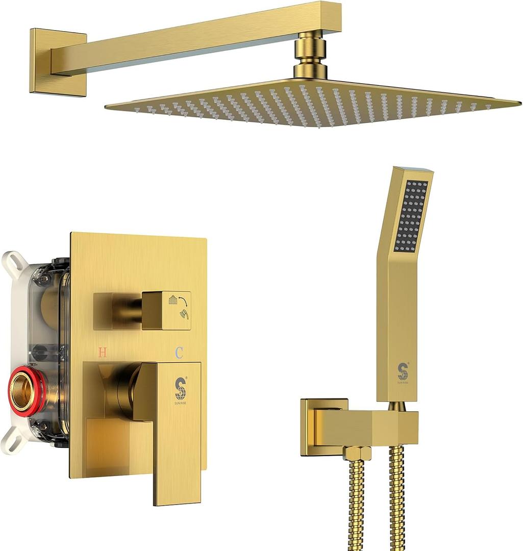 SR SUN RISE Shower System - Shower Faucet Set with 8 Inch Rain Shower Head and Handheld Shower - High Pressure Rain Shower System - All Metal Shower Faucet Trim Repair Kits - Brushed Gold
