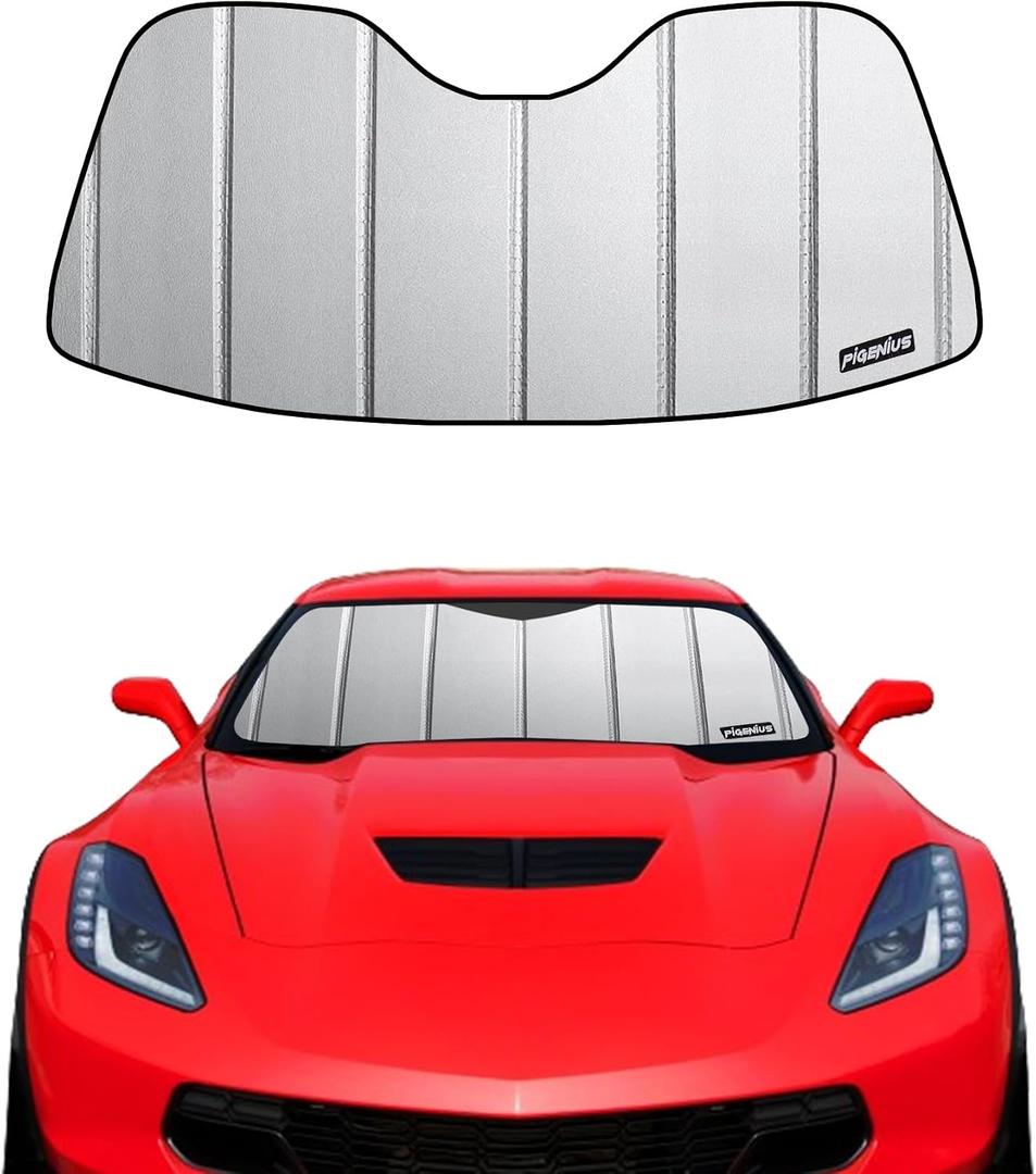 Pigenius Windshield Sunshade for Chevy Corvette C7 2014-2019, Premium Grey Leather Finish