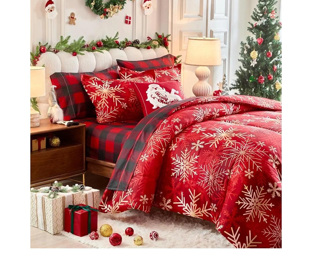Christmas 7 Pieces Queen Comforter Sheet Set Bed in a Bag Holiday New Year Style - Red Golden Gradient Snowflake - Red Plaid Gingham Bedding Set with Comforters, Sheets, Pillowcases & Shams