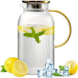 WLASSS 64 oz/2 Liter Glass Pitcher with Lid,Hand Blown Glass Water Pitcher for Cold Brew Coffee,Hot Water, Milk, Modern Vertical Stripes Iced Tea,Gifts