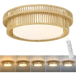 Boho Light Fixtures Ceiling 15W LED, HWH 13'' Woven Rattan Flush Mount Ceiling Light, Handwoven Twine Cage Light Fixtures 5CCT, 5HYS78F-LED (Beige)