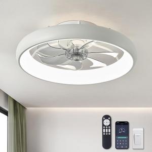 Ceiling Fans with Lights and Remote, 20'' Low Profile Flush Mount, 6 Wind Speeds, Modern Dimmable LED Ceiling Fan, Smart Ceiling Fan for Bedroom, Kids Room (White)