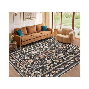 5x7 Area Rug Living Room Rugs - Washable Boho Vintage Floral Large Soft Non Slip Thin Rug Low Pile Carpet for Bedroom Dining Room Kids Playroom Office Decor Indoor- Black Grey