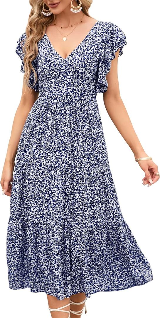 Womens Off Shoulder Summer Dresses Square Neck Short Sleeve Tie Backless Ruffle A Line Casual Layer Mini Dress Larg