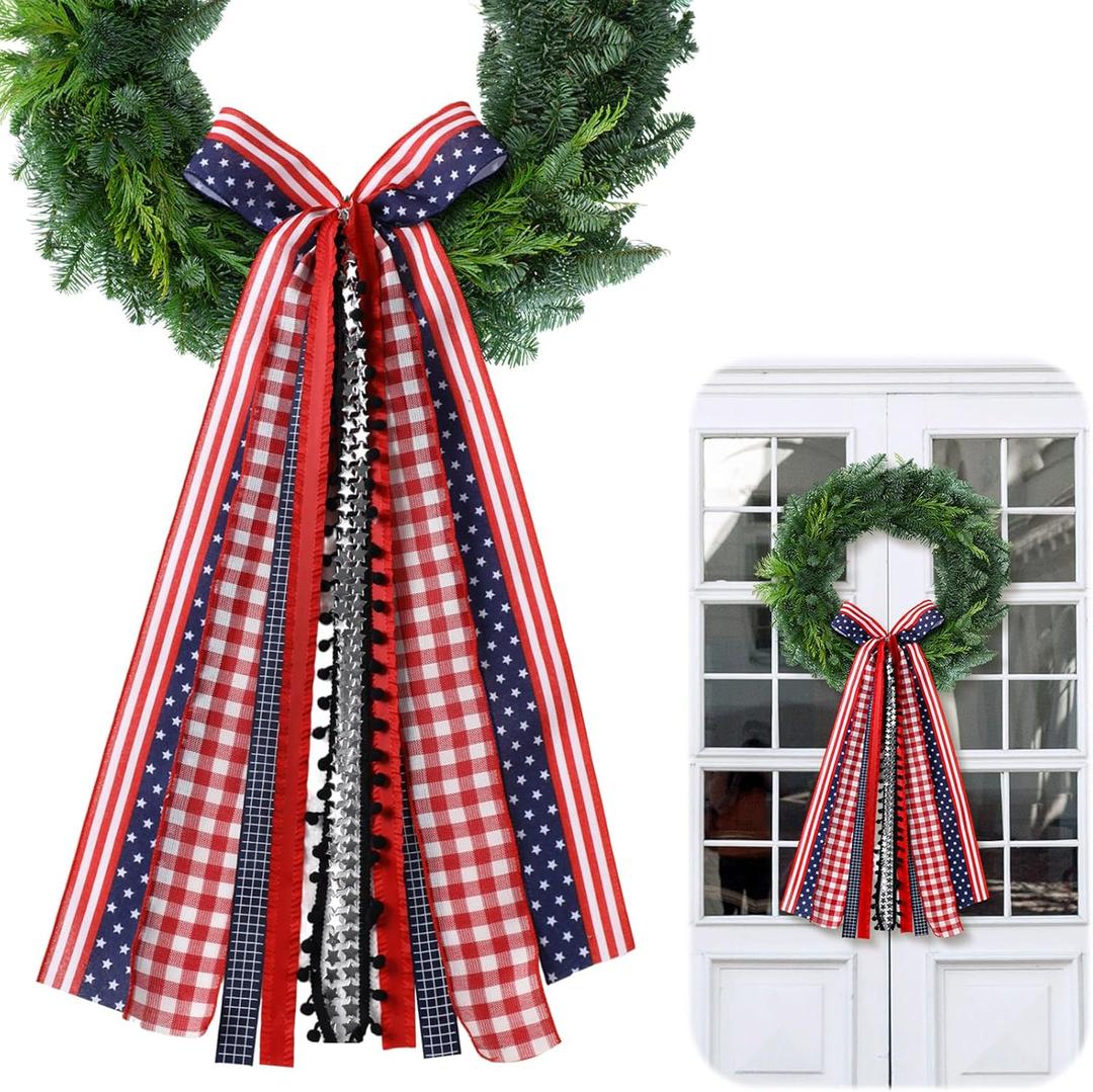 Riceshoot Large 4th of July Wreaths for Front Door Patriotic Ribbon Bow Wreath Satin Sash 250th Anniversary Decor Red White and Blue Bows Clip Patriotic Wreaths for Independence Day Indoor Outdoor