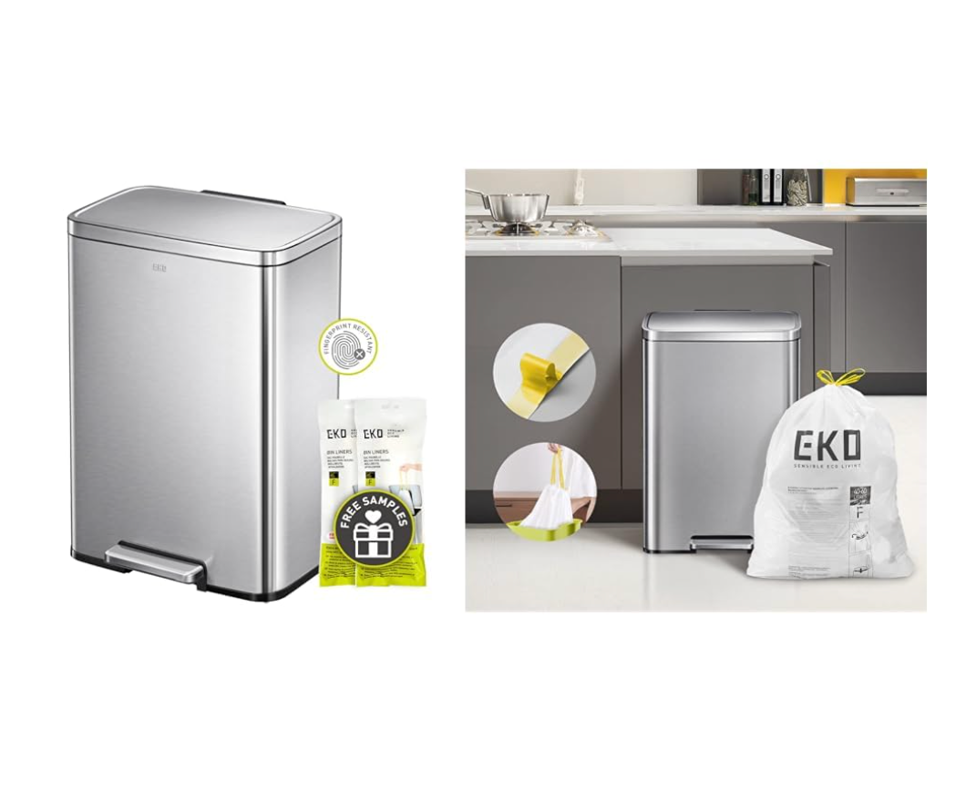 EKO Madison Brushed Stainless Steel 13.2 Gal/50L Kitchen Step Trash Can or Recycling Bin, Removable Inner Liner, Soft Close Lid, Fingerprint Resistant Finish
