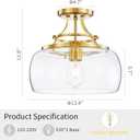 WUZUPS Chandelier Rustic Farmhouse Industrial Round Semi-flushmount Ceiling LED Light Fixture with Clear Glass Shades for Bathroom Kitchen Foyer Entryway, H 11.8" x W 13.4", E26 Base, Brushed Gold