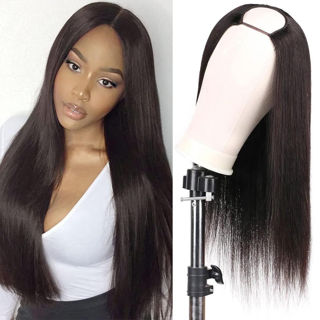 huarisi U Part Wig Human Hair for Women, 100% 10A 1b Brazilian Hair Straight, Glueless Full Head Clip in Half Wigs U Shape Wigs, 150% Density Natural Color (16 Inch)