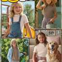 2 x LessonZoo 3 Pack Girls Shirts Short Sleeve Mock Turtleneck Cotton Cute Lettuce Trim Summer Tops 5-14Y Kids Clothes(Brown, Mocha, Cream,5-6 Years)