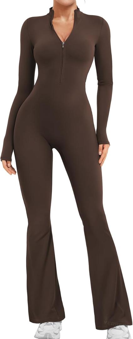 YEOREO Women Long Sleeve Flare Workout Jumpsuit Zip Up Romper Bottom Pants Wide Leg Bodysuit Bodycon Sexy One Piece (Medium, Chocolate)