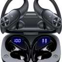 PocBuds Bluetooth Headphones Wireless Earbuds 80hrs Playtime Wireless Charging Case Digital Display Sports Ear Buds with Earhook Deep Bass IPX7 Waterproof Over-Ear Earphones for TV Phone Laptop Black