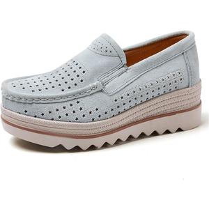 Slip On Loafers Women's Shoes - Breathable Mesh Thick Sole Non-Slip Flat-Bottom Comfy Platform Low Top Comfort Wedge Shoes 3088-2h Light Grey 39
