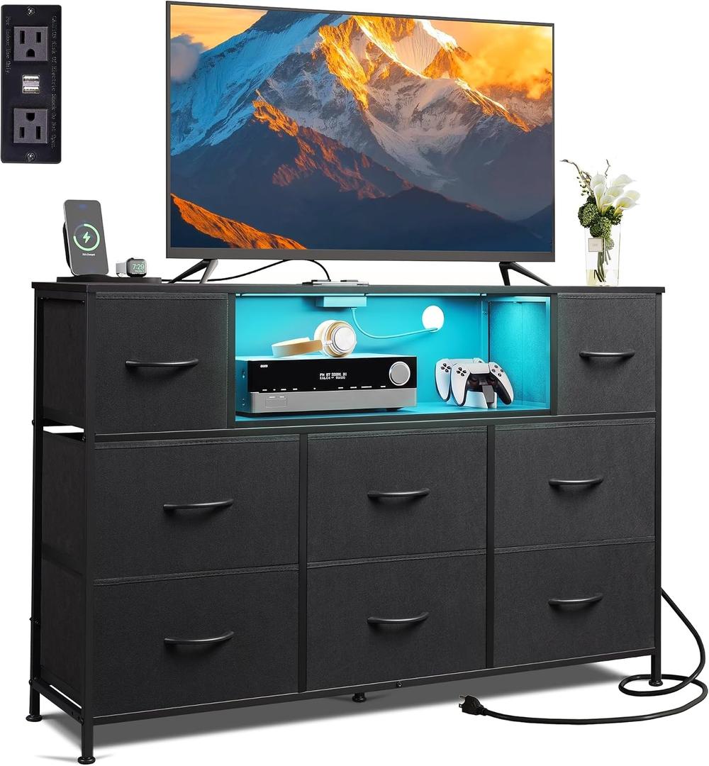 WLIVE LED Dresser TV Stand for 55 Inch TV, 8 Fabric Drawers, Black Dresser, 11.73"D X 47.17"W X 26.38"H