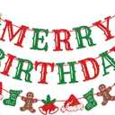 Merry Birthday Banner, Pre-Strung Christmas Birthday Party Decorations, Christmas Party Banner, Red and Green Glitter