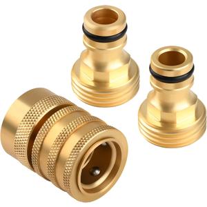 Brass Quick Connect Coupling Set with 3/4" GHT Thread, 1 Female Coupling + 2 Tool Adaptors, Solid Brass Water Hose Quick Connect Fittings, Easy Connect & Disconnect, Leak-Resistant Garden Hose Adapter