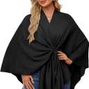 PULI Women's Elegant Shawl Wraps Soft Open Front Poncho Sweater for Spring Fall Winter (Front Tab-black) One size, 31.5 Length