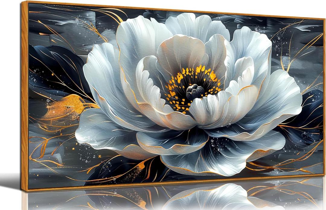 White Flower Pictures for Living Room Wall Decor - Modern Prints Wall Art for Bedroom - Wooden Framed Wall Art for Office Size 20" x 40"
