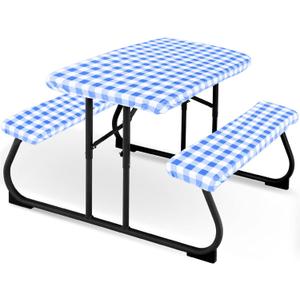 Moukeren 3 Pieces Picnic Table Cover for Kids with Bench Covers Fitted Tablecloth for Outdoors Vinyl Waterproof Cloth for Camping Home Goods Indoor Outdoor Patio BBQ(Blue, White)