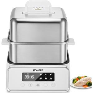 FOHERE Electric Food Steamer 1200W, 12.7QT Double Tier Stainless Steel Vegetable Steamer with Digital Timer, 8 Preset Menus for Fish, Meat, Rice, Shrimp, Keep Warm Function, Auto Shut-Off