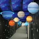 11 Pcs Galaxy Ceiling Decor Include 12 x 2 ft Fluorescent Light Covers 8 Packs Planet Paper Lanterns Props Classroom DIY Hanging Galaxy Outer Space Party Decorations Star Astronaut Birthday Decoration (Blue)