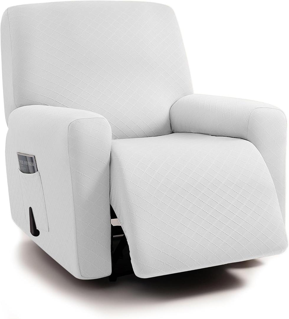 ULTICOR Squared Jacquard Design, 4-Piece, 1 Seat Recliner Cover, Reclining Chair Covers for 1 Cushion Reclining Sofa, Single Seat Recliner Couch Cover, Thick, Soft, Washable (Recliner Cover, Ivory)