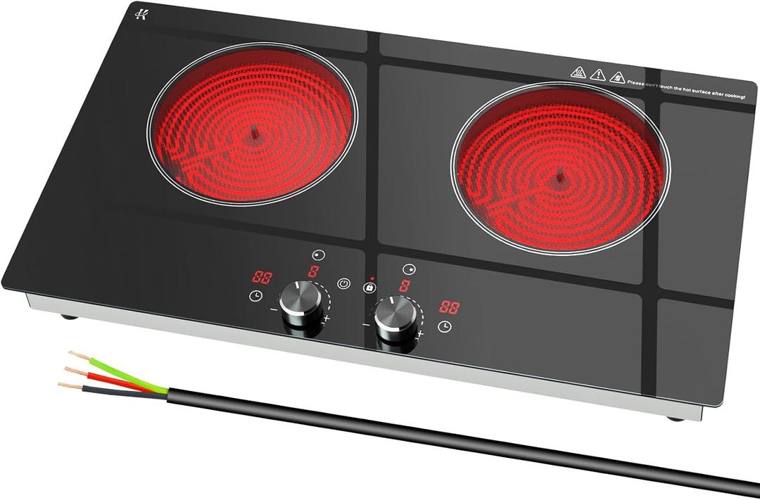 2 Burner Electric Cooktop 24 Inch, 4000W Electric Stove Top with Built-in Design, 220-240V Knob Control Radiant Ceramic Cooktop with Safety Lock, 9 Level Power, Timer - Hard Wire