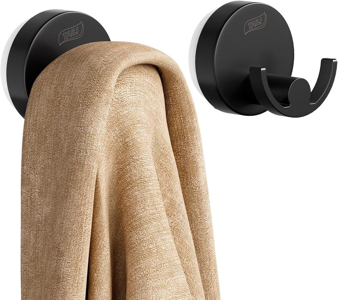 TAILI 304 Stainless Steel Bathroom Suction Hooks for Towel, Bathrobe, Loofah, Patented Strong Suction Cup Holder, No Damage Hanging Glass Shower Wall Hook, Double-Hook Sleek Design, 2 Pack, Black
