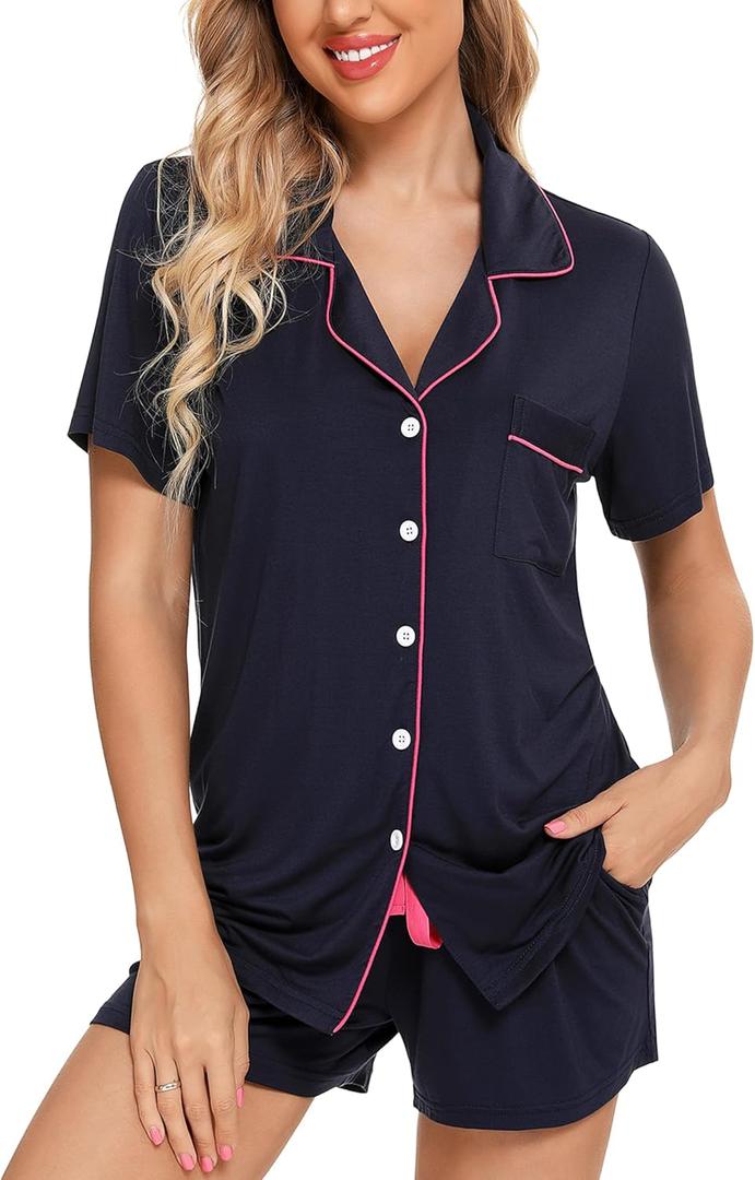 Leikar Womens Button Down Pajama Sets Bride Pajamas Sets Sleepwear Shorts Lounge Set (Blue, XL)