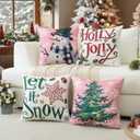 2 x Artscope Christmas Tree Snowman Throw Pillow Covers 18x18 Inch Set of 4, Let It Snow Holly Jolly Winter Hoilday Christmas Decoration Pillow Cases for Home Sofa Couch Decor-Pink