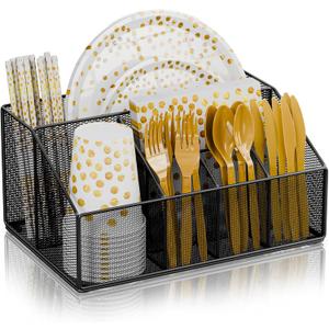 Metal Paper Plate Holders Dispenser, Disposable Paper Plate Utensils Holder for Party, Napkin Cups-Silverware Cutlery Holder Caddy for Kitchen Counter, Black