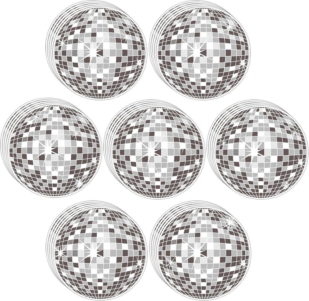 80 Pcs Disco Ball Cutouts for Bulletin Board Discoball Party Hanging Decoration Ball Stickers Paper Cutouts with Glue Points for Hippie Christmas Decor Sliver Disco Party Supplies