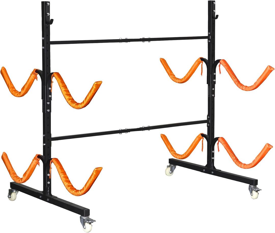 Freestanding Kayak Storage Rack, Adjustable Kayak Racks Outdoor with 4 Lockable Wheels, Kayak Stands Heavy Duty Storage for Kayaks, Canoes, SUP and Surfboards - 4 Kayaks