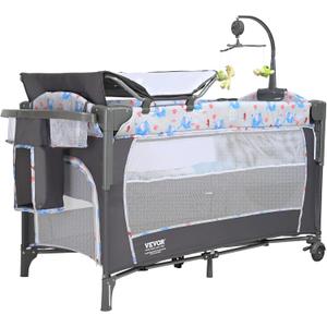 VEVOR Baby Bassinet, Pack and Play Bassinet Fold Portable Baby Bedside Sleeper Crib with Changing Table, Baby Playards Bed with Mosquito Net(Two Wheels)