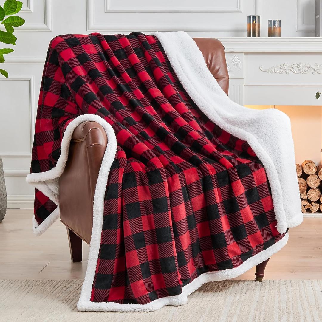 BEDELITE Sherpa Fleece Blanket - Black and Red Buffalo Plaid Christmas Blanket, Super Soft Cozy Warm Thick Winter Throw Blankets for Couch and Bed, 50" x 60"