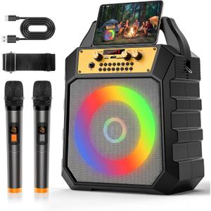 Portable Karaoke Machine for Adults & Kids Coaxial Speaker with 2 Wireless Microphones,Bluetooth PA System with 5 Dynamic LED Lights Mode,Supports TF/SD/USB,AUX,FM,REC for Home Party (171-gray)