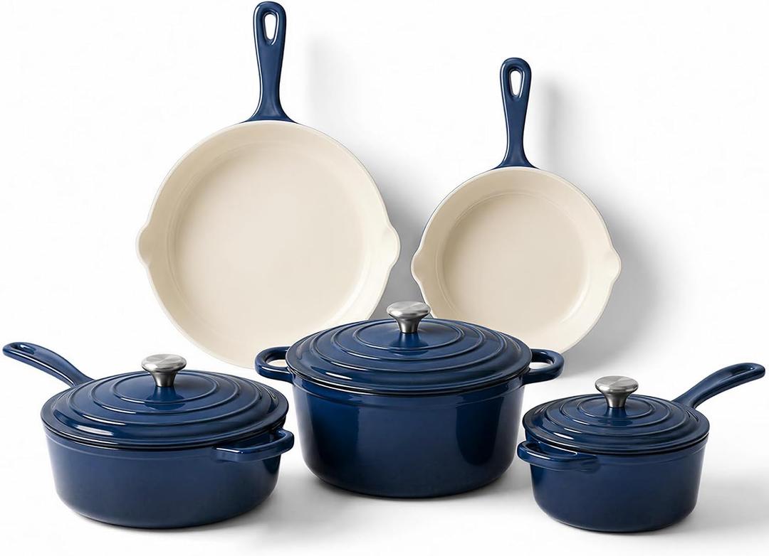QuliMetal 5-Piece Navy Blue Enameled Cast Iron Cookware Set, Navy Blue 5PC-A