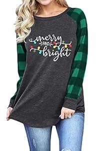 Christmas Tshirt Women Merry and Bright Shirt Letters Print Splicing 3/ 4 Sleeve Baseball Tshirt Blouse Tee Tops Dark Grey, S