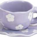 Koythin Ceramic Coffee Mug with Saucer Set, Cute Creative Cup Unique Irregular Saucer Design for Office and Home, 6 oz/180 ml for Latte Tea Milk (Purple Flower)