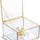 Vintage Golden Glass Keepsake Box with Beveled Edges  Elegant Jewelry Holder, Desktop Organizer, and Wedding Gift with Lid, 6x6x3.5 Inches