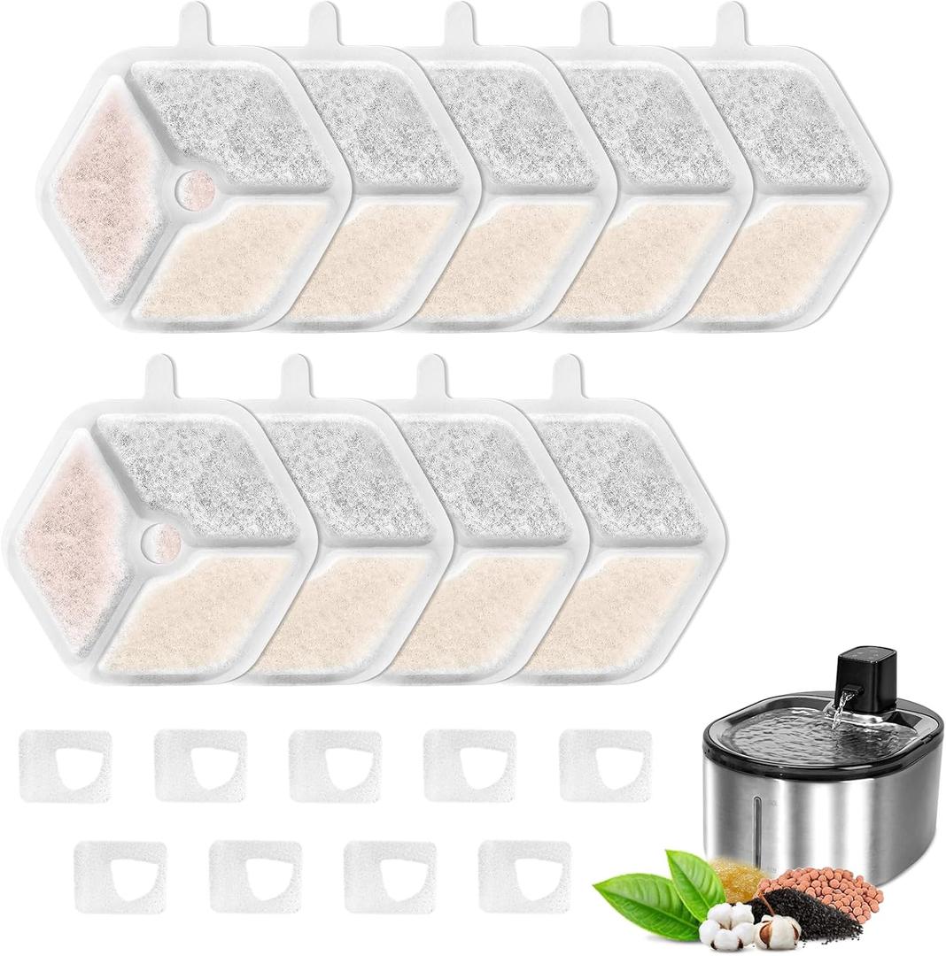 2 x Pet Water Fountain Filters Replacement for 152oz/4.5L Wireless Cat and dog Water Fountain PTM-643, 9+9 Packs Packs Replacement Filters Sponges Sets