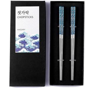 Titanium Plated Chopstick Stainless Steel Chopsticks Metal Chopsticks Reusable Dishwasher safe Premium Laser Engraved Chop Sticks for Eating 2 Pairs Gift Set Blue Silver