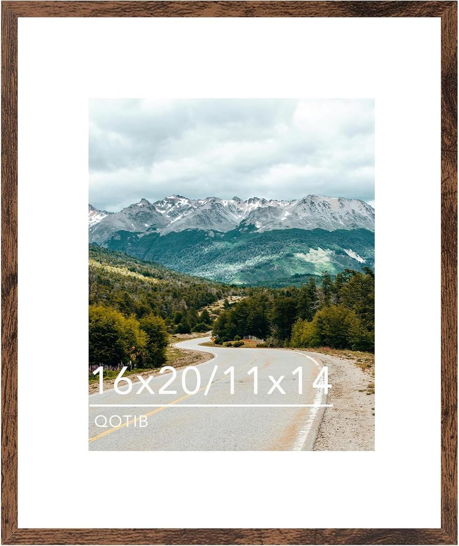 Wood 16x20 Picture Frame with 11x14 Mat Deep Brown, Display 11x14 with Mat or 16x20 Without Mat, Wood 16 by 20 Photo Frame, 16 x 20 Frame for Wall Hanging Display, Deep Brown