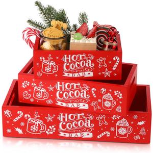 Sliner 3 Pcs Christmas Hot Cocoa Bar Wood Storage Box Rustic Farmhouse Wooden Storage Bins Decorative Wooden Basket Bins Xmas Wood Crate Organizer for Kitchen Office Bathroom Laundry Farmhouse Gift