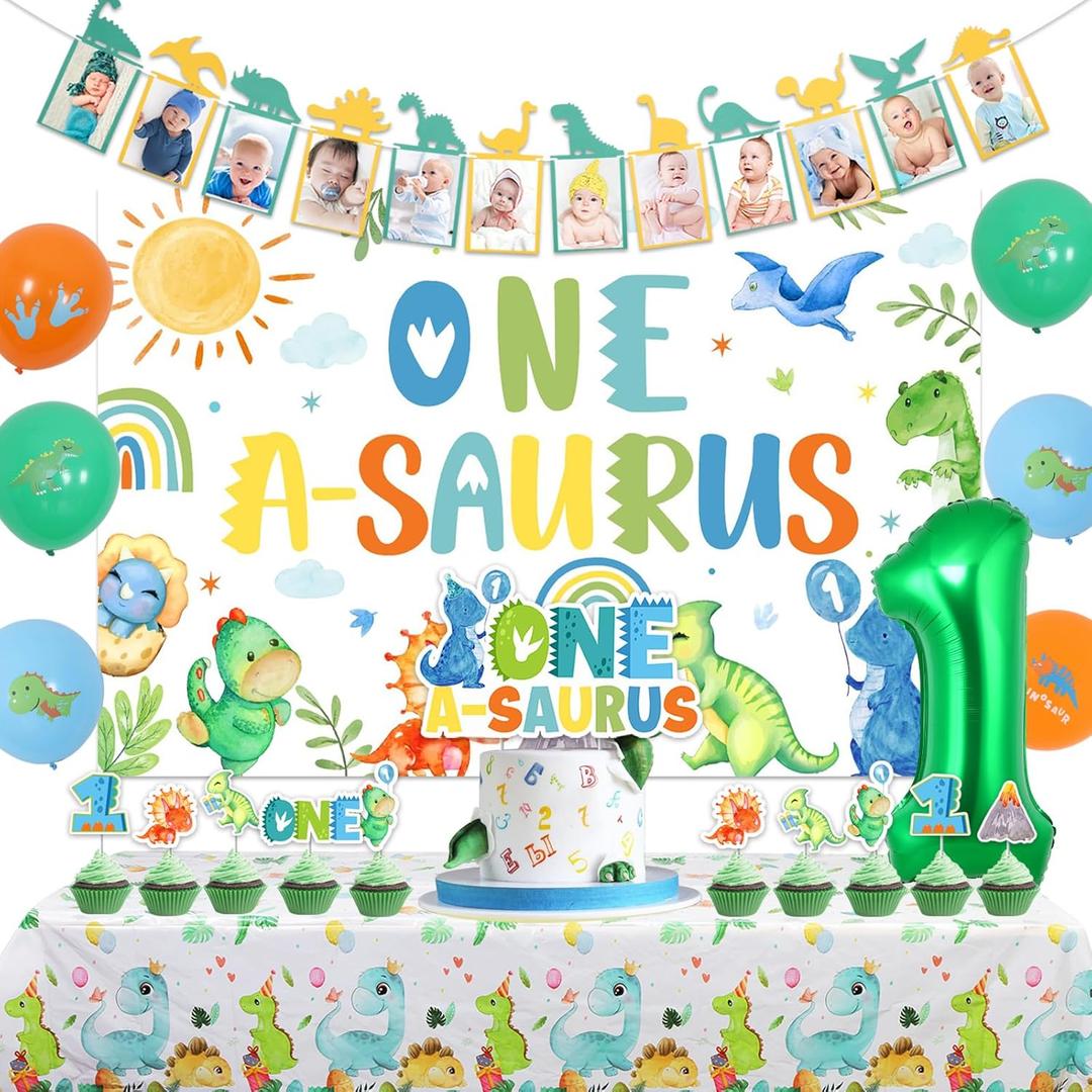 One a Saurus Birthday Decorations for Boys Dinosaur 1st Birthday Decoration with Dinosaur Birthday Photo Banner One a Saurus Birthday Backdrop, Cake Cupcake Toppers Dinosaur Bday Tablecloth