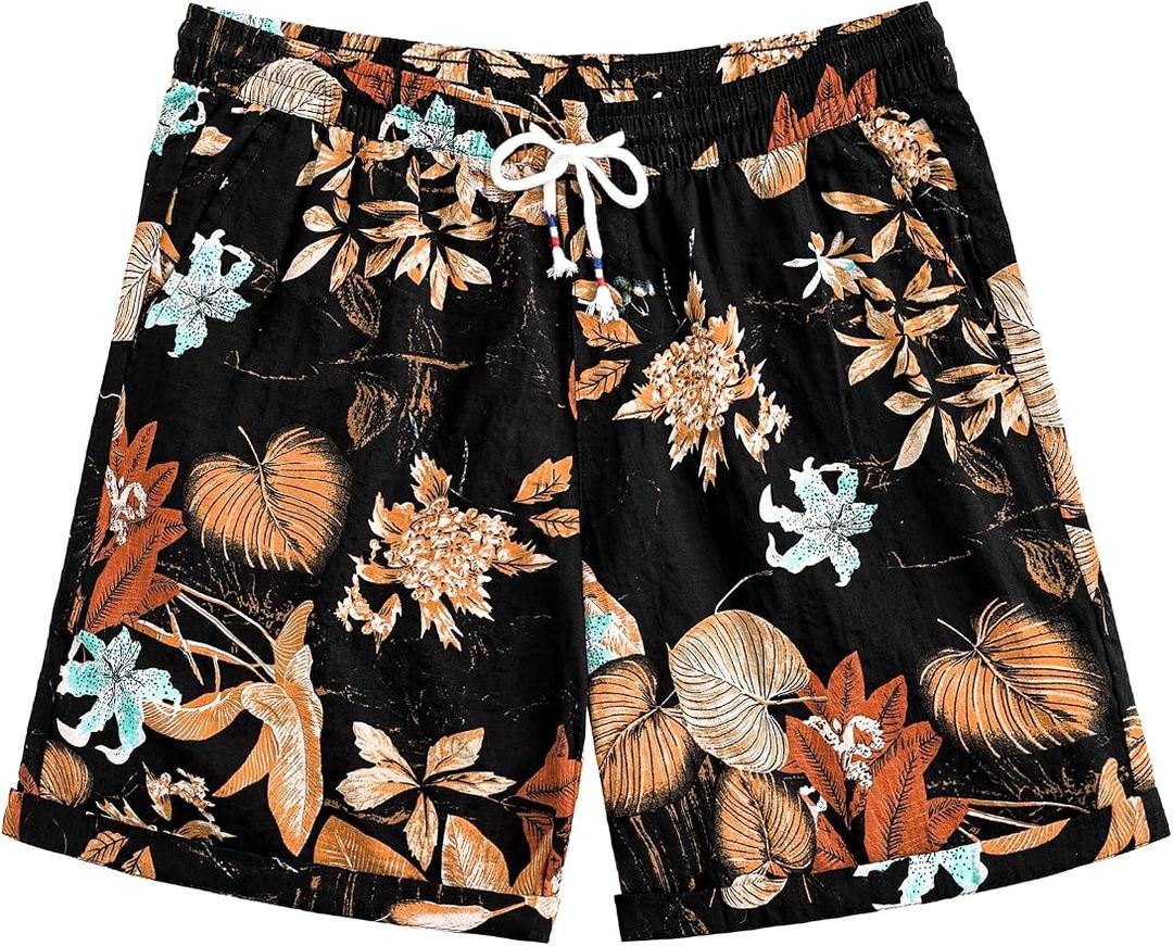 JOGAL Men's Hawaiian Beach Shorts Summer Casual Tropical Flower Flat Front Aloha Shorts with Pocket XL
