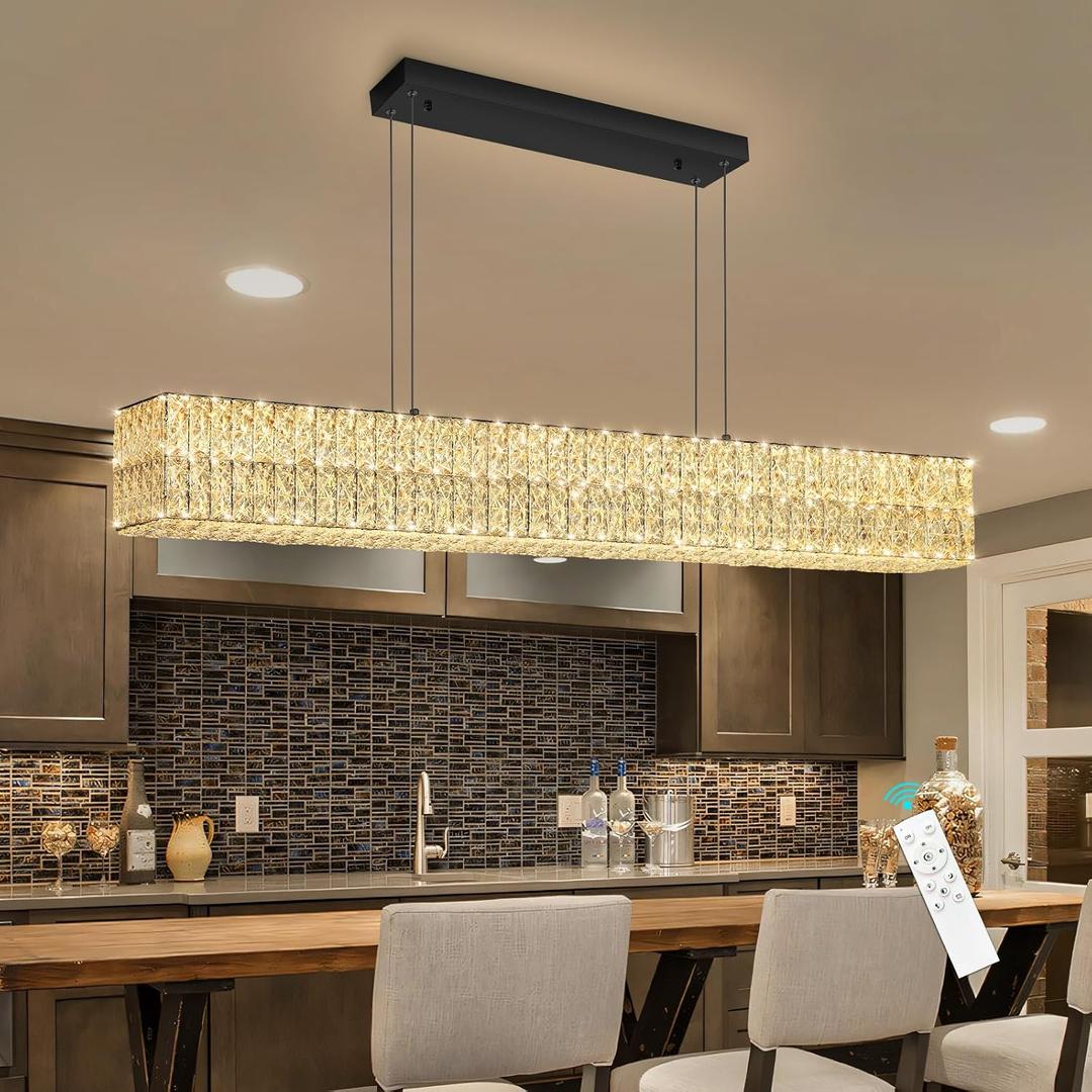 Rectangular Crystal Chandelier with Dimmable LED Lights Dining Room Remote Ceiling Pendants Lighting Fixtures for Kitchen Island Matte Black