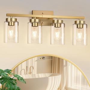IZORRO Modern Bathroom Light Fixtures, 4 Light Brushed Gold Vanity Lights, Bathroom Lighting Fixtures Over Mirror with Clear Glass for Living Room Cabinet Bedroom