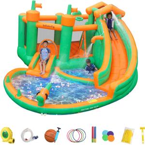Inflatable Bounce House for Kids with Double Slide, 7 in 1 with 750W Blower, Jumping, Water Gun, Splash Pool, Climbing Wall, Basketball Hoop, Ring-toss for Kids Indoor Outdoor Backyard